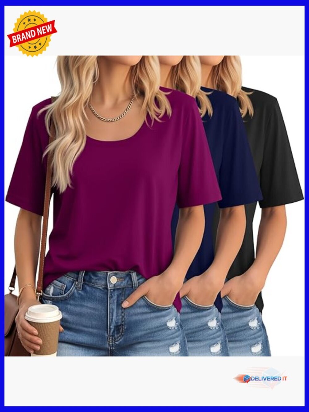 3 Pack Scoop Neck Half Sleeve T-Shirts for Women - Loose Fit Summer Basic Tees